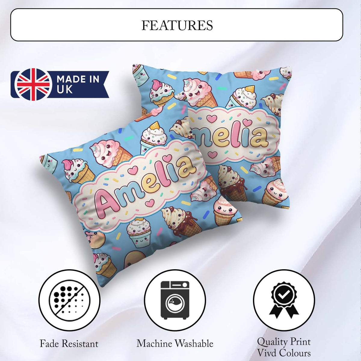 Custom Name Kawaii Ice Cream Desserts on Blue Background Pattern Square Filled Cushion Throw Pillow Sofa Bed Home Decor Zip Washable UK Made