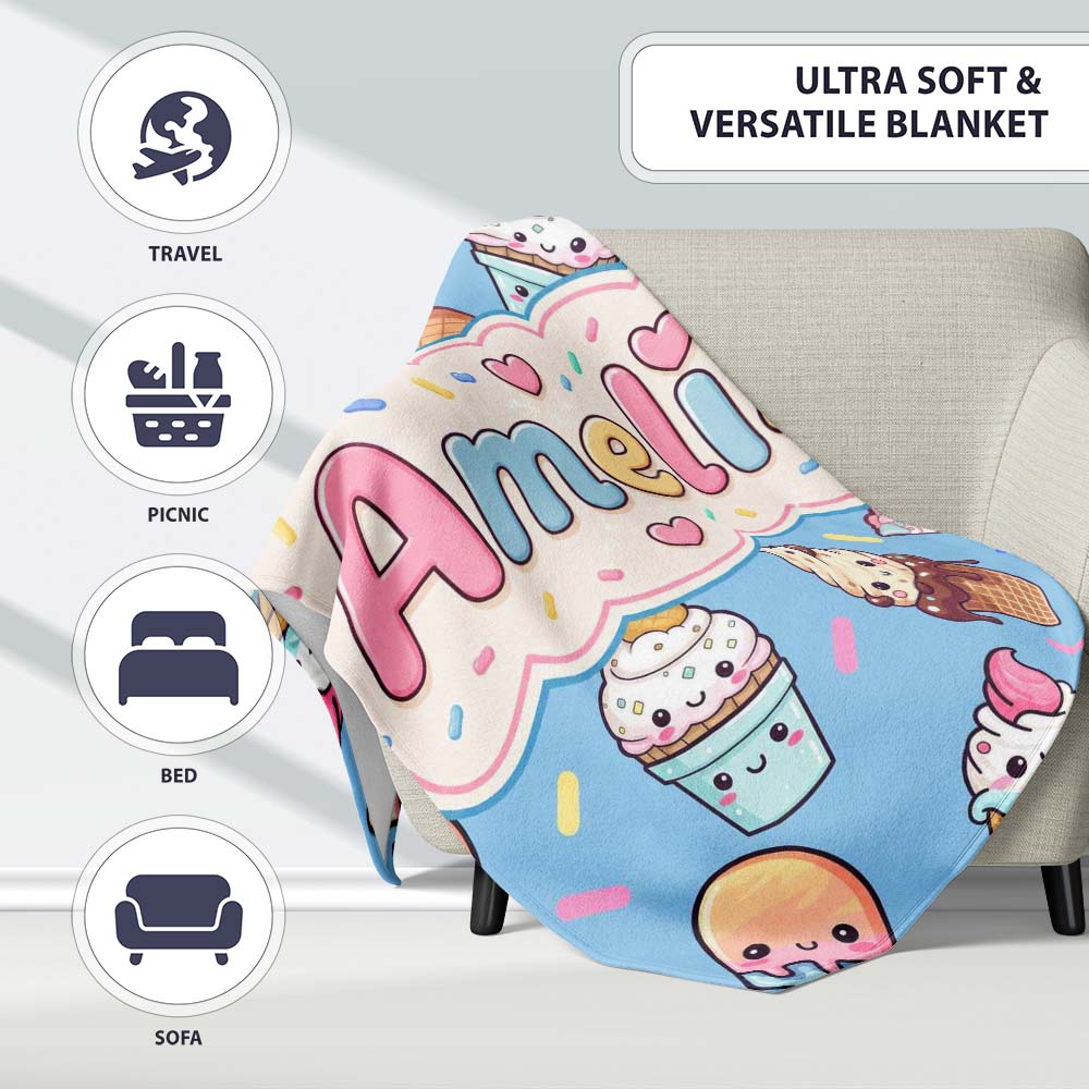 Cute Kawaii Ice Cream Desserts on Blue Background Seamless Pattern Personalised Custom Name Super Soft Fleece Blanket Bed Sofa Throw
