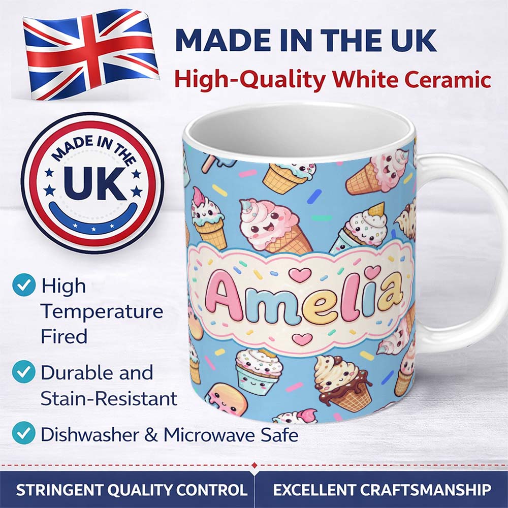 Personalized Custom Name Cute Kawaii Ice Cream Desserts on Blue Background Seamless Pattern 11oz Ceramic Coffee Tea Mug White Large Handle