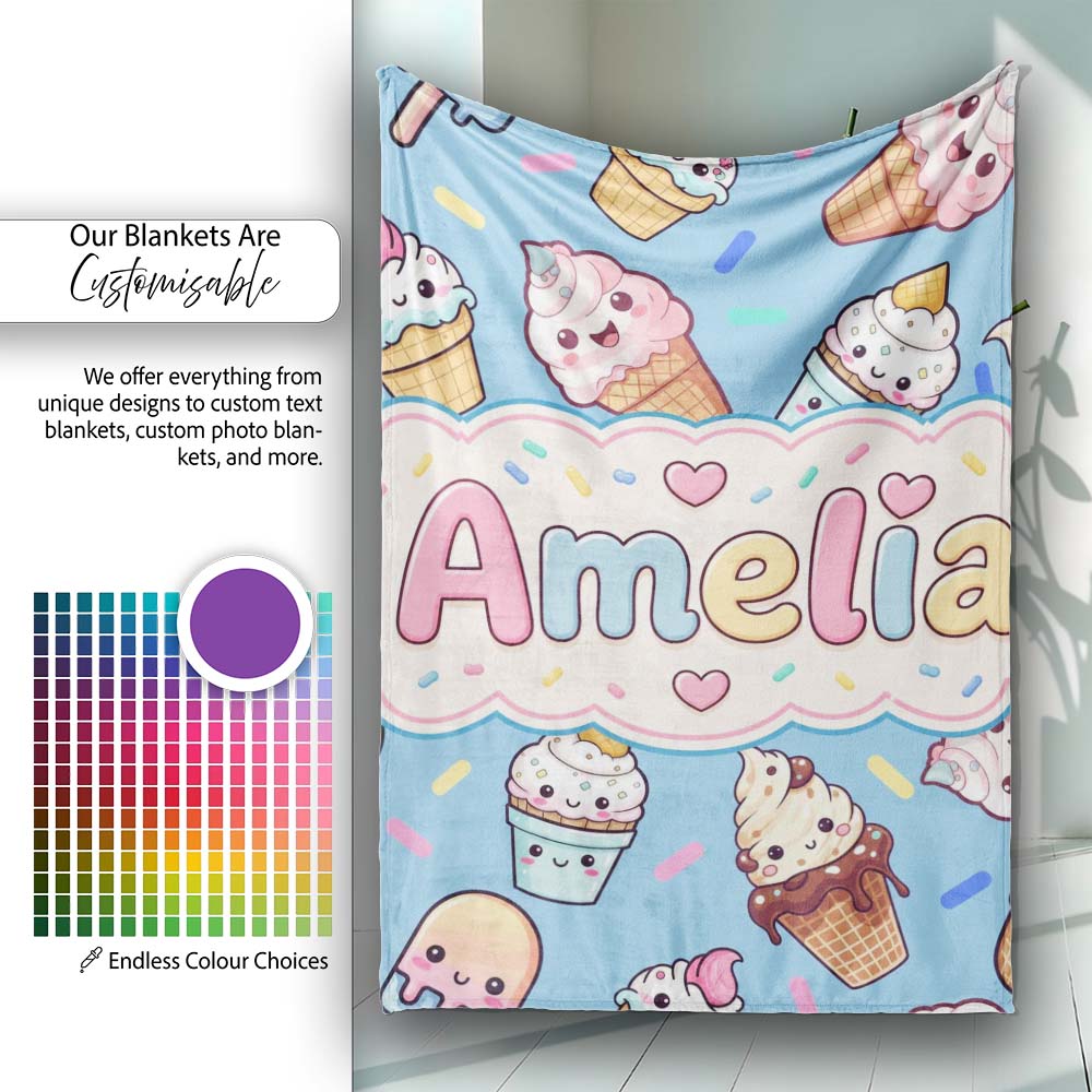 Cute Kawaii Ice Cream Desserts on Blue Background Seamless Pattern Personalised Custom Name Super Soft Fleece Blanket Bed Sofa Throw