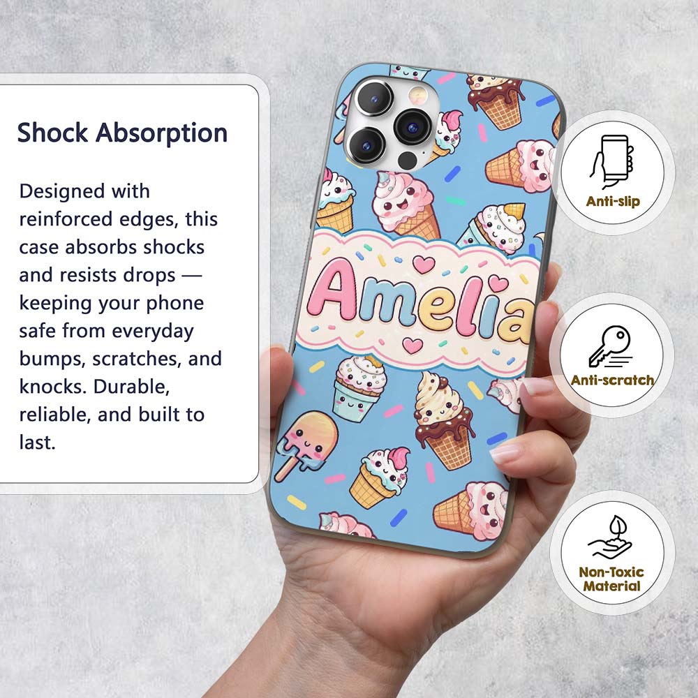 Cute Kawaii Ice Cream Desserts on Blue Background Custom Name Protective Phone Case Mobile Cover Durable Everyday Smartphone Shock Resistant