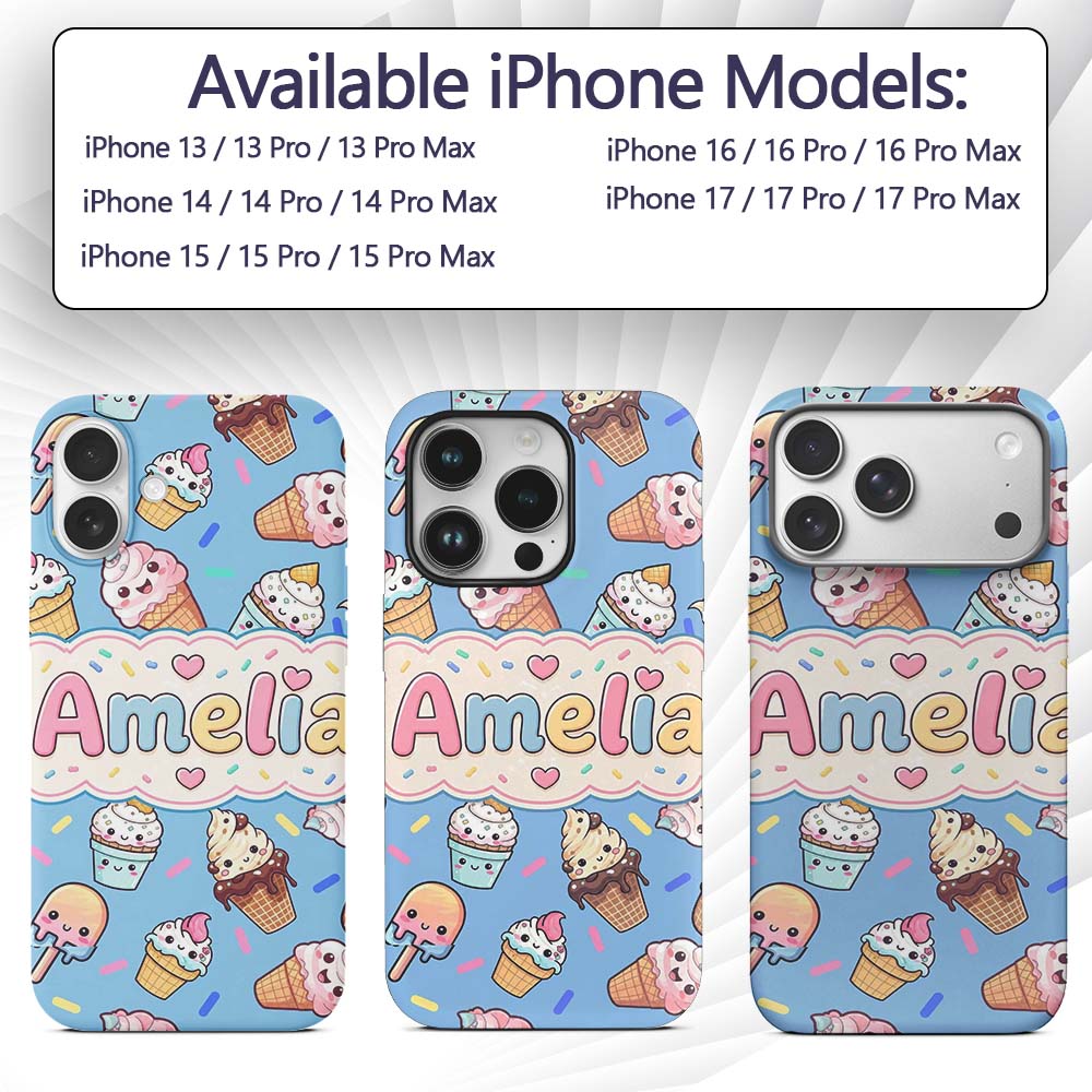 Cute Kawaii Ice Cream Desserts on Blue Background Custom Name Protective Phone Case Mobile Cover Durable Everyday Smartphone Shock Resistant