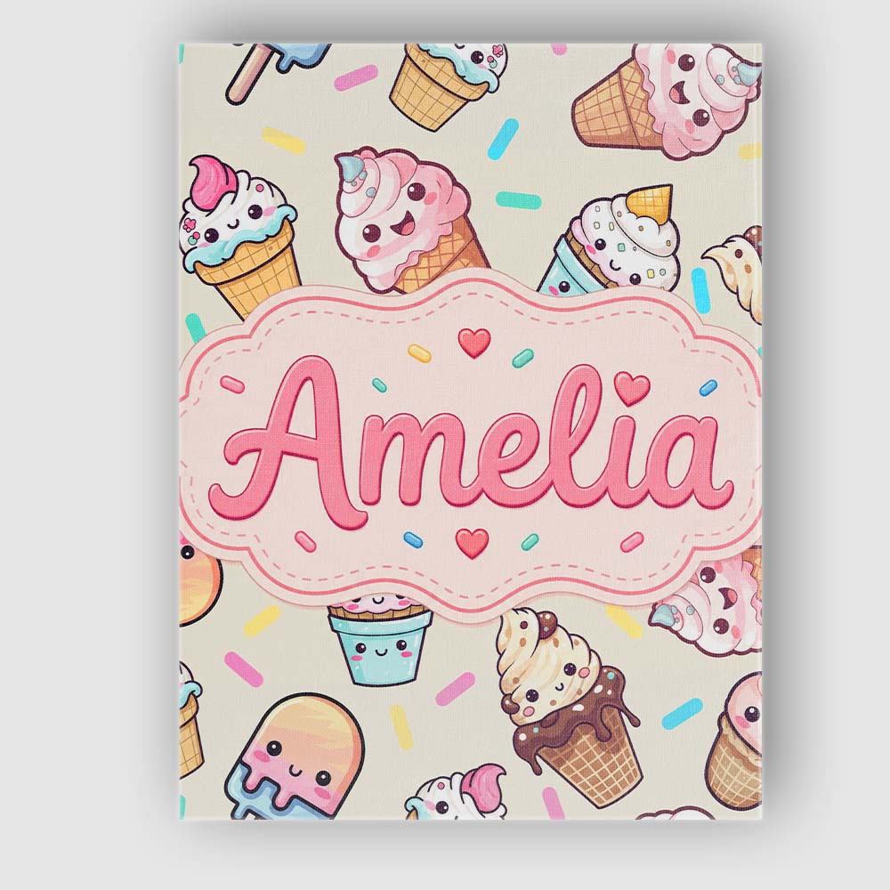 Personalised Name Cute Kawaii Ice Cream Custom Modern Room Accent Elegant Feature Canvas Wall Art Print Decor Picture Ready to Hang