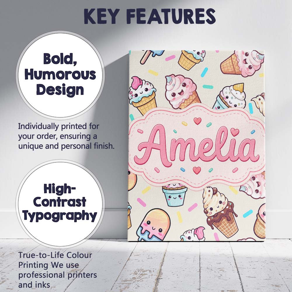 Personalised Name Cute Kawaii Ice Cream Custom Modern Room Accent Elegant Feature Canvas Wall Art Print Decor Picture Ready to Hang
