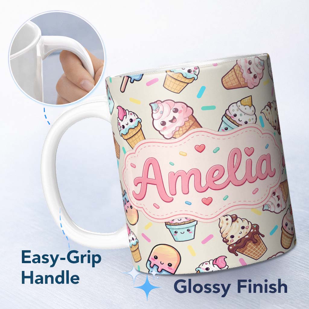Personalized Custom Name Cute Kawaii Ice Cream Desserts on Background Seamless Pattern Name 11oz Ceramic Coffee Tea Mug White Large Handle