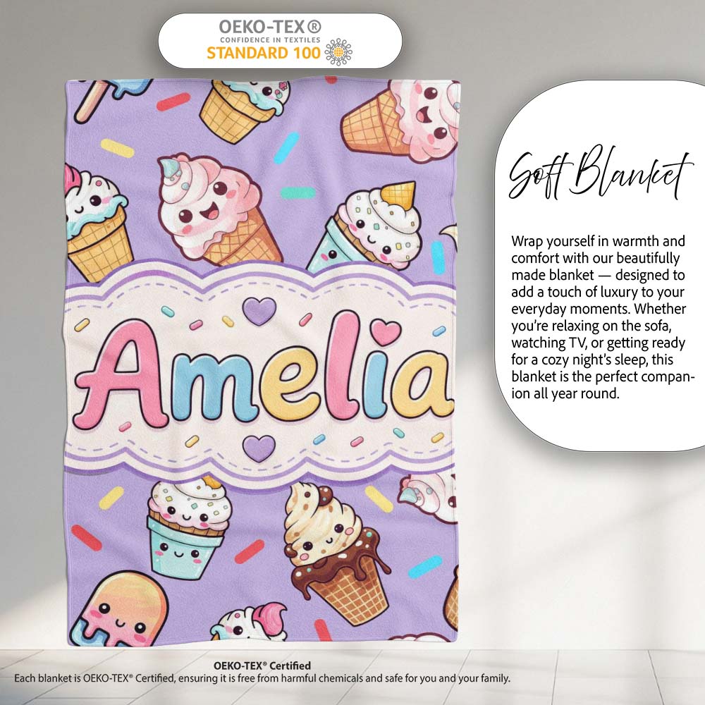 Cute Kawaii Ice Cream Desserts on Purple Background Seamless Personalised Custom Name Super Soft Fleece Blanket Bed Sofa Throw