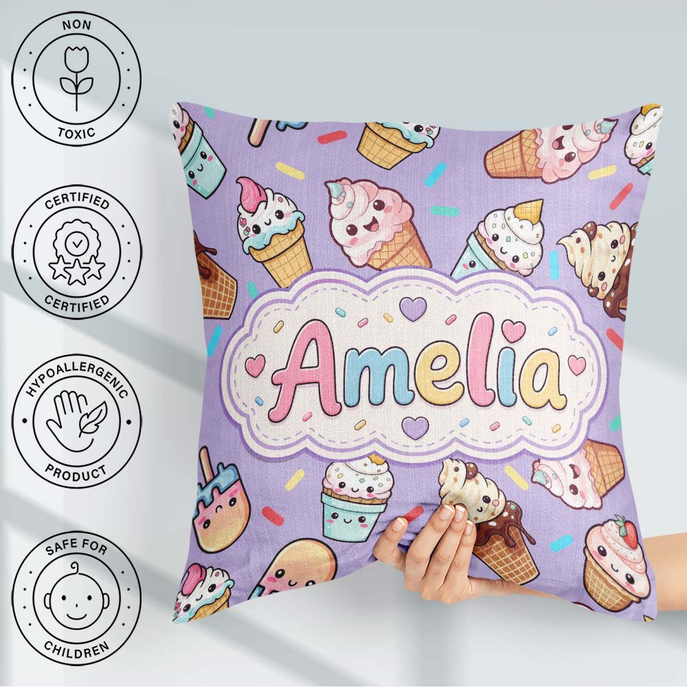 Custom Name Cute Kawaii Ice Cream Desserts on Purple Background Square Filled Cushion Throw Pillow Sofa Bed Home Decor Zip Washable UK Made