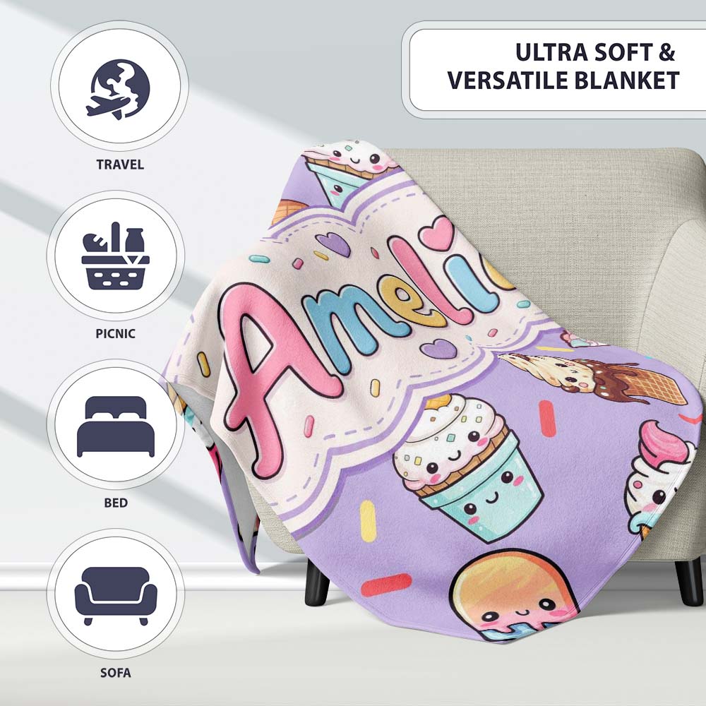 Cute Kawaii Ice Cream Desserts on Purple Background Seamless Personalised Custom Name Super Soft Fleece Blanket Bed Sofa Throw
