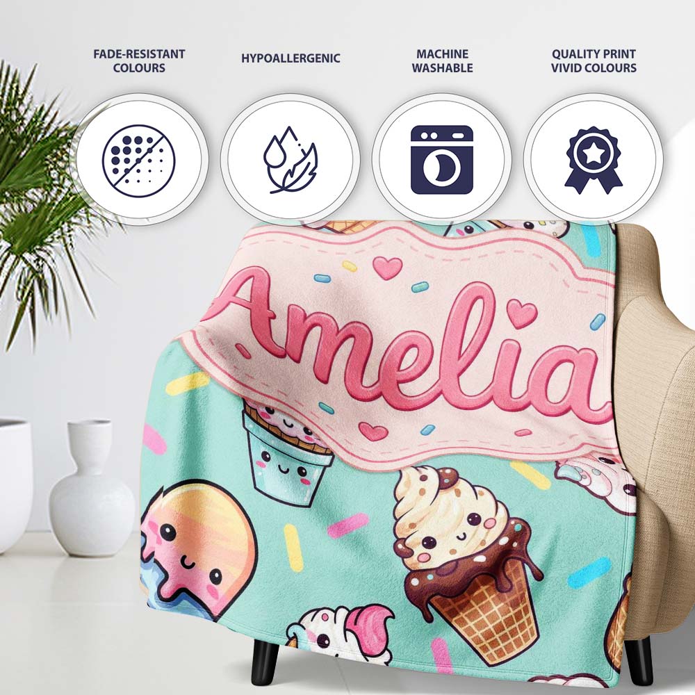 Cute Kawaii Ice Cream Desserts on Mint Background Seamless Pattern Personalised Custom Name Super Soft Fleece Blanket Bed Sofa Throw