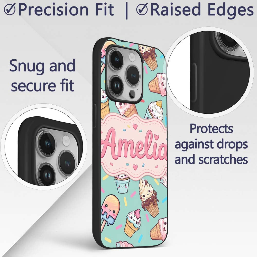 Cute Kawaii Ice Cream Desserts on Mint Background Custom Name Protective Phone Case Mobile Cover Durable Everyday Smartphone Shock Resistant