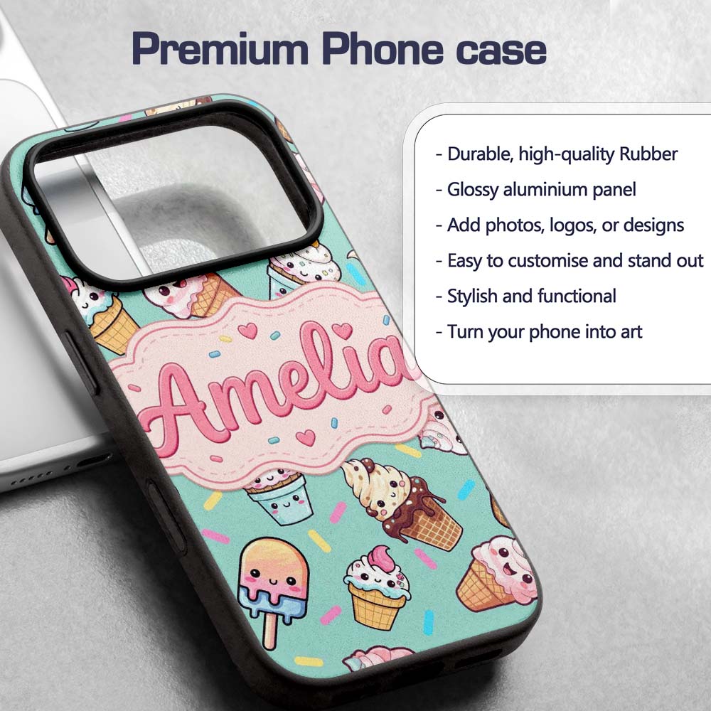 Cute Kawaii Ice Cream Desserts on Mint Background Custom Name Protective Phone Case Mobile Cover Durable Everyday Smartphone Shock Resistant