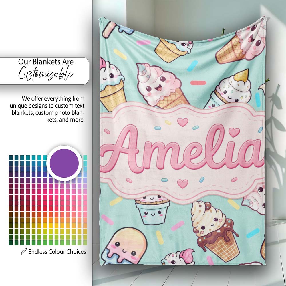 Cute Kawaii Ice Cream Desserts on Mint Background Seamless Pattern Personalised Custom Name Super Soft Fleece Blanket Bed Sofa Throw