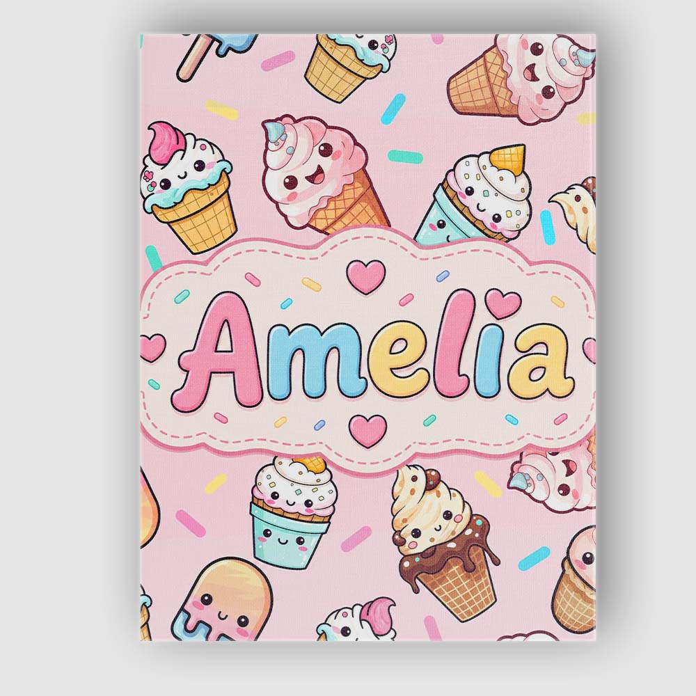 Personalised Name Cute Kawaii Ice Cream Custom Modern Room Accent Elegant Feature Canvas Wall Art Print Decor Picture Ready to Hang