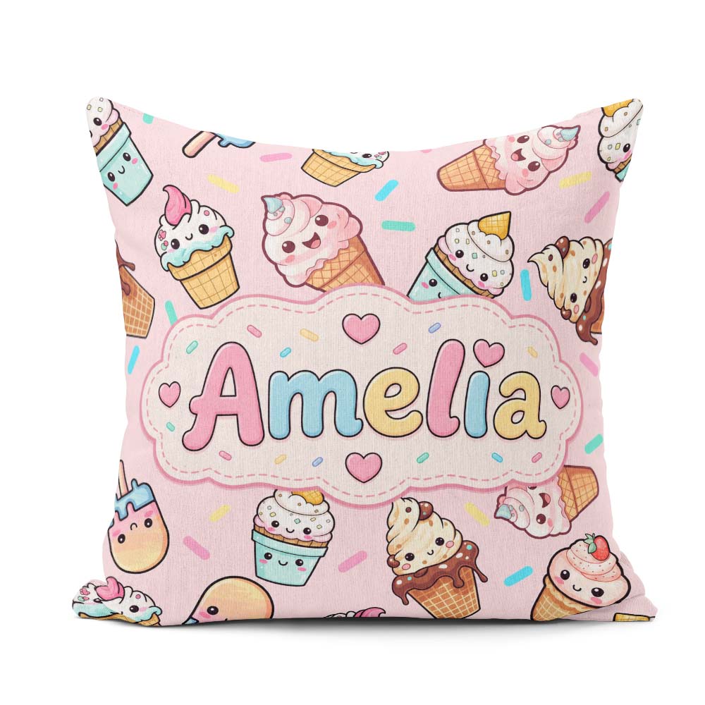 Custom Name Kawaii Ice Cream Desserts on Pink Background Pattern Square Filled Cushion Throw Pillow Sofa Bed Home Decor Zip Washable UK Made