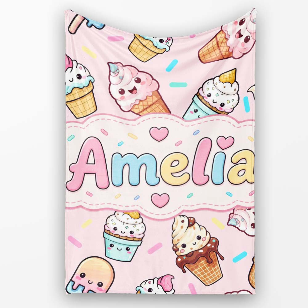 Cute Kawaii Ice Cream Desserts on Pink Background Seamless Pattern Personalised Custom Name Super Soft Fleece Blanket Bed Sofa Throw