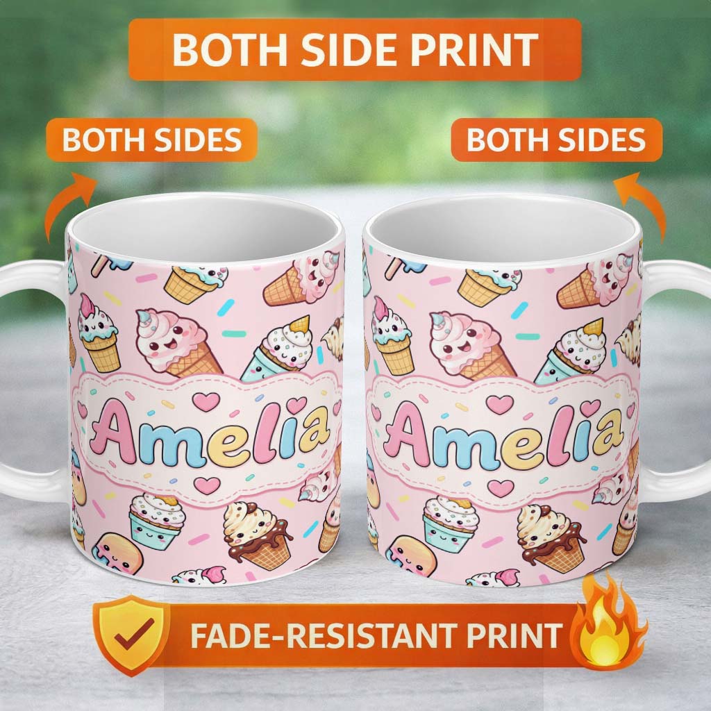 Personalized Custom Name Cute Kawaii Ice Cream Desserts on Pink Background Seamless Pattern 11oz Ceramic Coffee Tea Mug White Large Handle