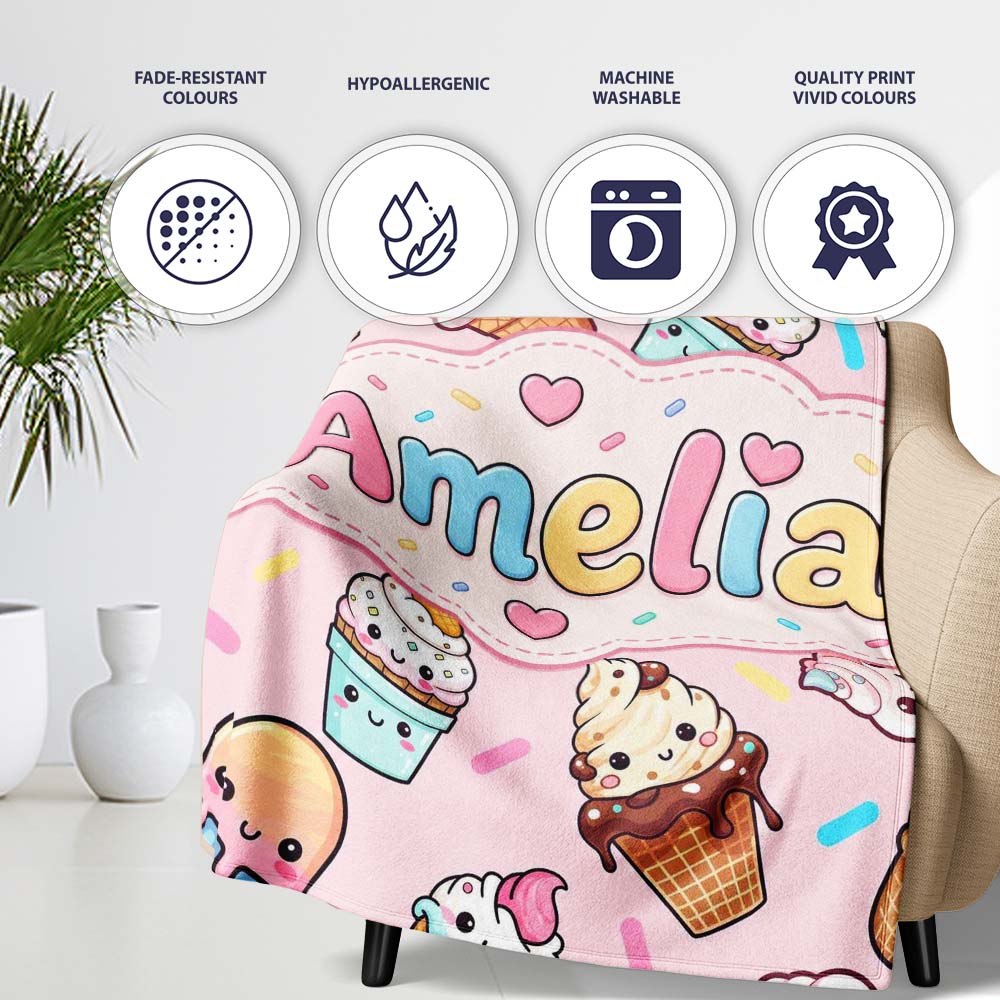 Cute Kawaii Ice Cream Desserts on Pink Background Seamless Pattern Personalised Custom Name Super Soft Fleece Blanket Bed Sofa Throw