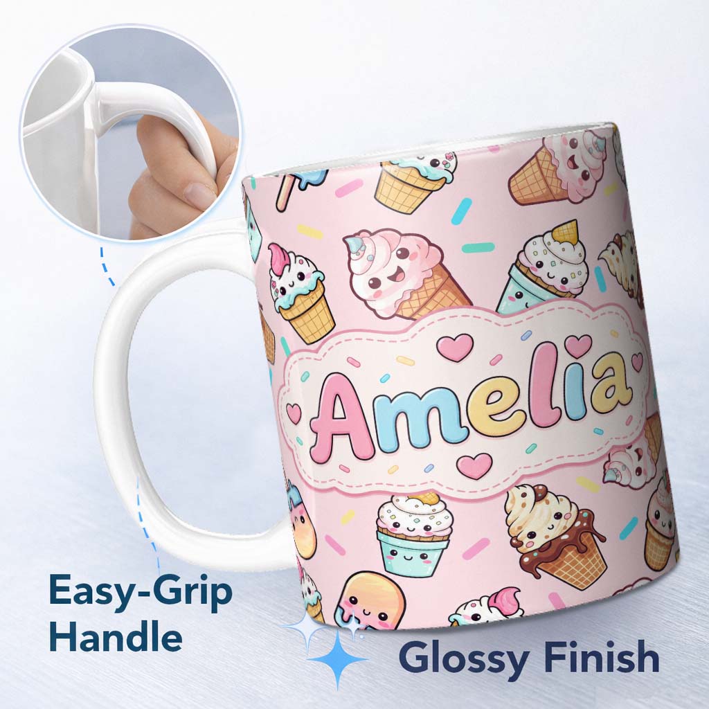 Personalized Custom Name Cute Kawaii Ice Cream Desserts on Pink Background Seamless Pattern 11oz Ceramic Coffee Tea Mug White Large Handle