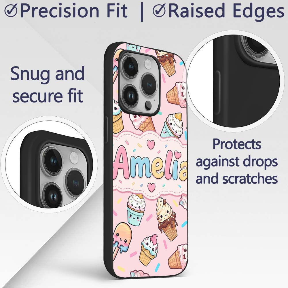 Cute Kawaii Ice Cream Desserts on Pink Background Custom Name Protective Phone Case Mobile Cover Durable Everyday Smartphone Shock Resistant