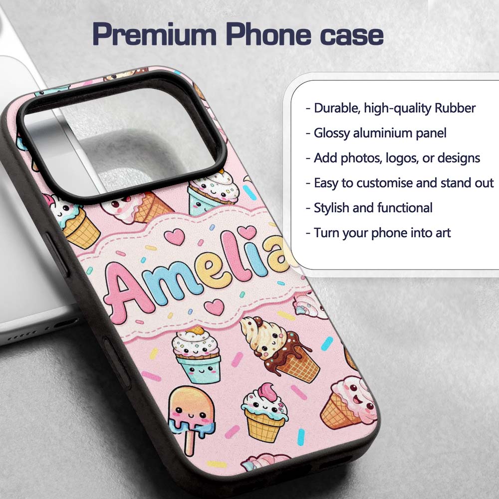 Cute Kawaii Ice Cream Desserts on Pink Background Custom Name Protective Phone Case Mobile Cover Durable Everyday Smartphone Shock Resistant