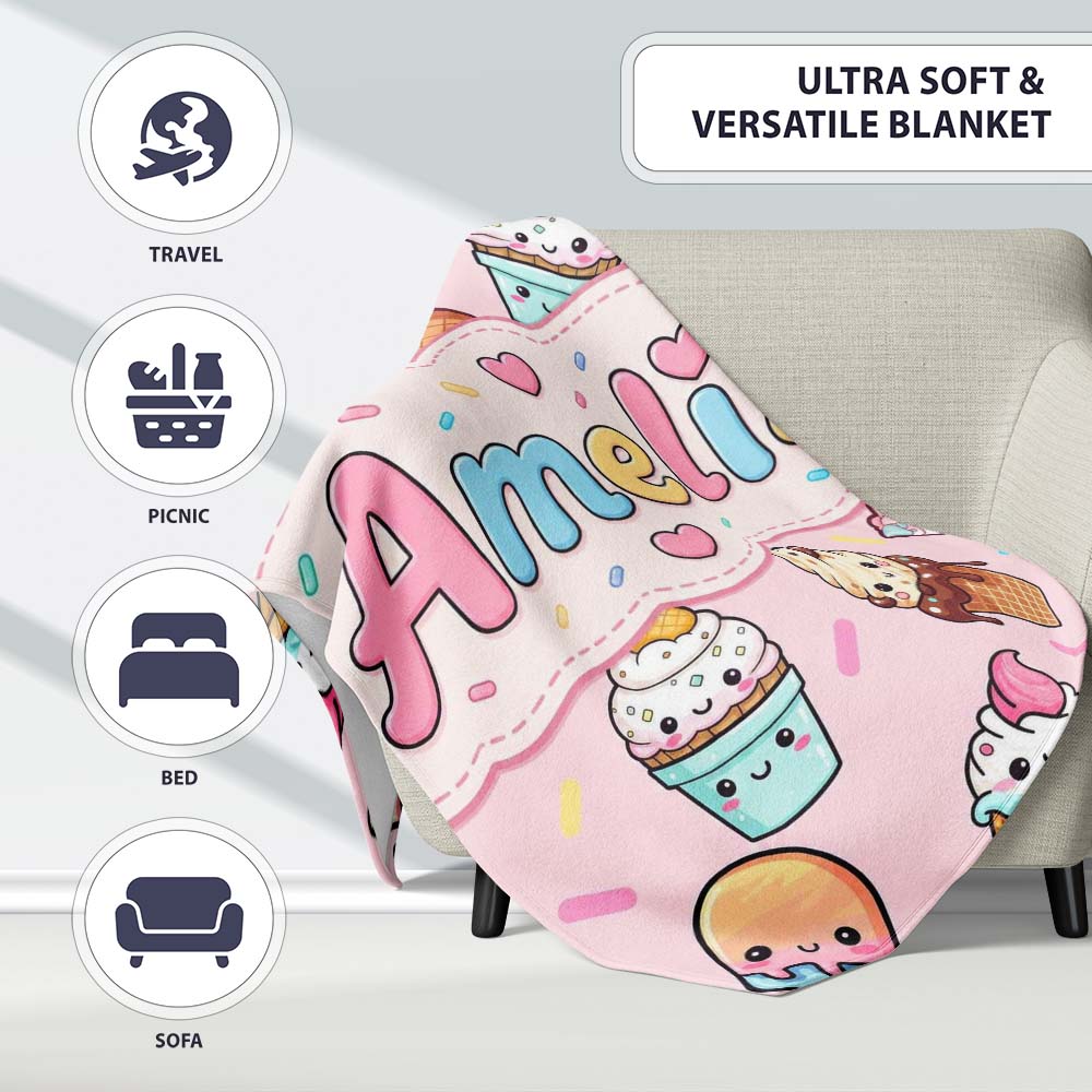 Cute Kawaii Ice Cream Desserts on Pink Background Seamless Pattern Personalised Custom Name Super Soft Fleece Blanket Bed Sofa Throw