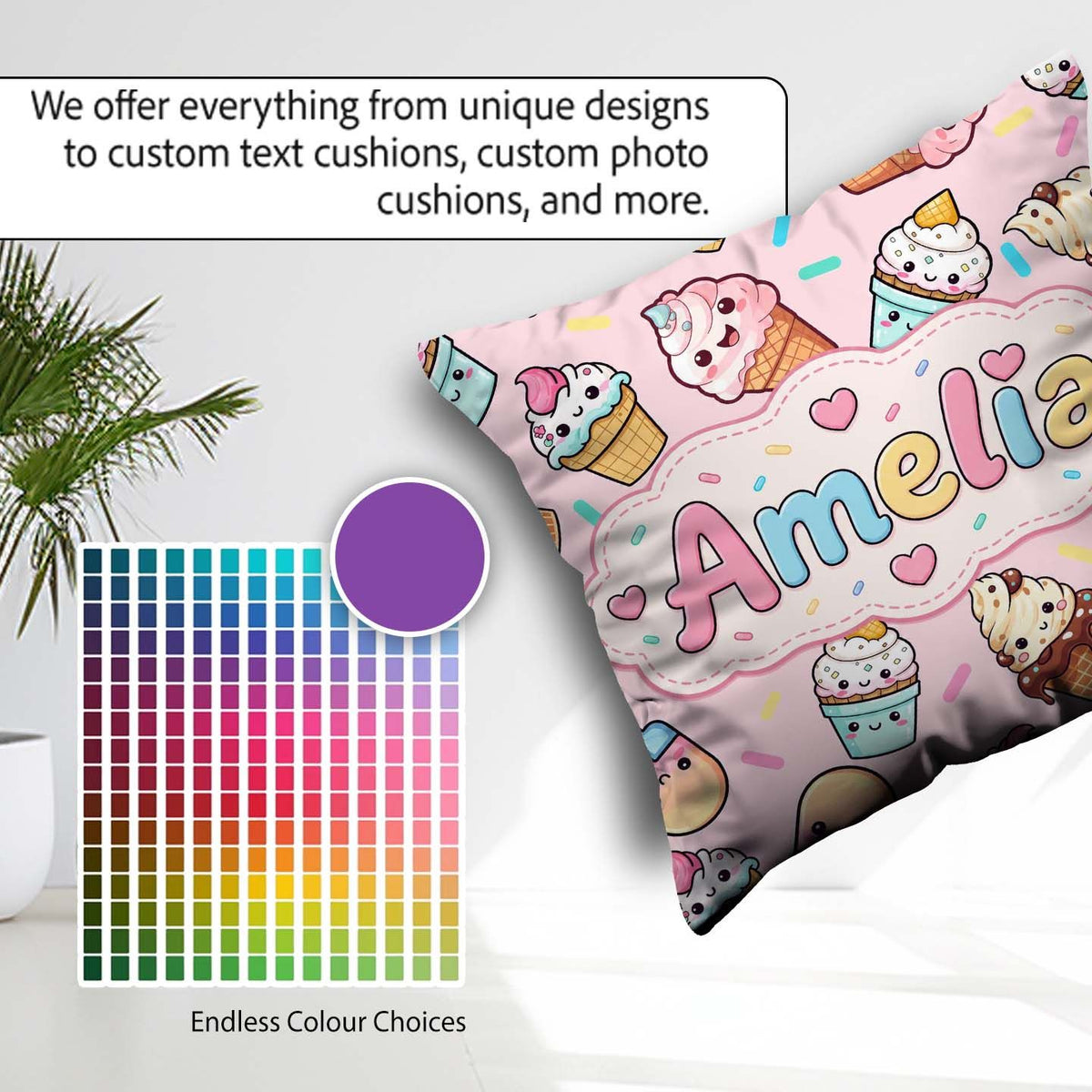 Custom Name Kawaii Ice Cream Desserts on Pink Background Pattern Square Filled Cushion Throw Pillow Sofa Bed Home Decor Zip Washable UK Made