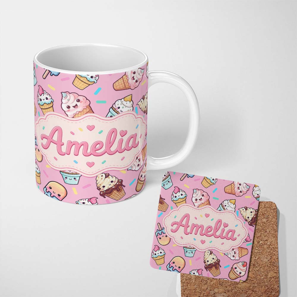 Personalized Custom Name Cute Kawaii Ice Cream Desserts on Pink Background Seamless Pattern 11oz Ceramic Coffee Tea Mug White Large Handle