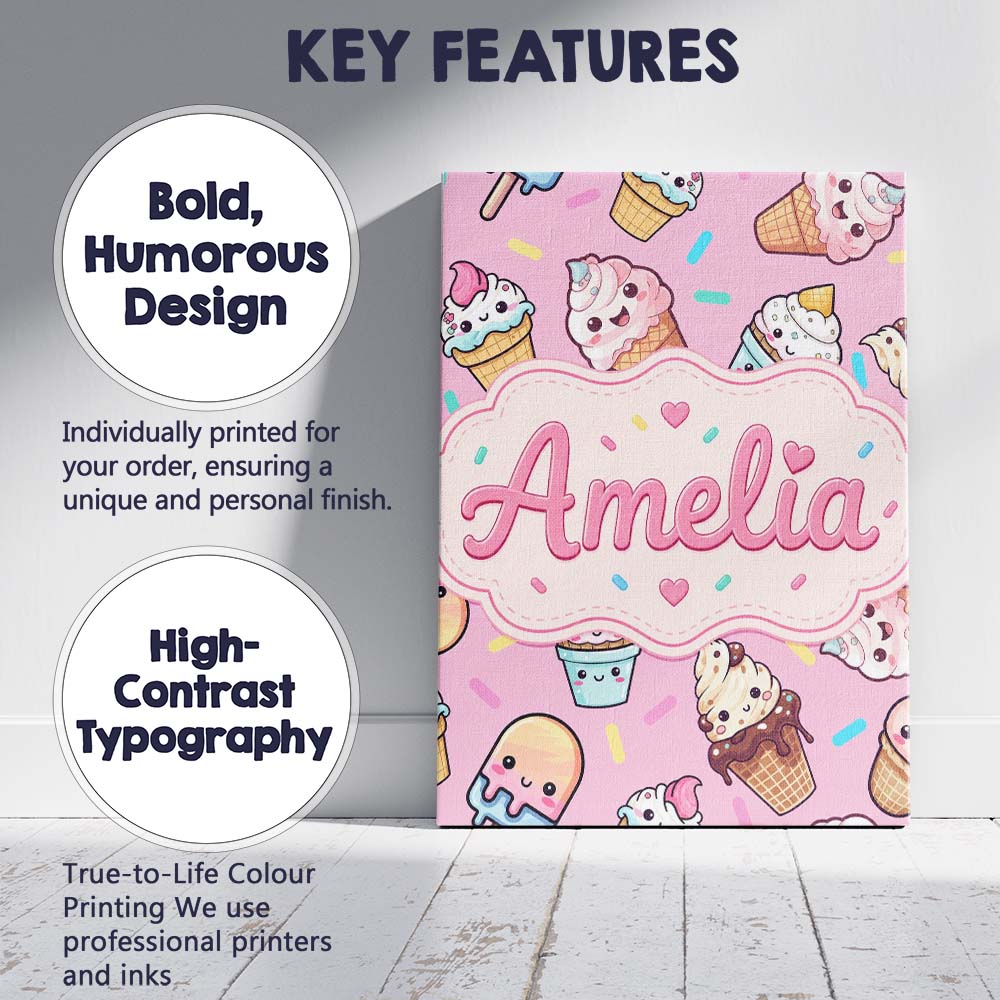Personalised Name Cute Kawaii Ice Cream Custom Modern Room Accent Elegant Feature Canvas Wall Art Print Decor Picture Ready to Hang