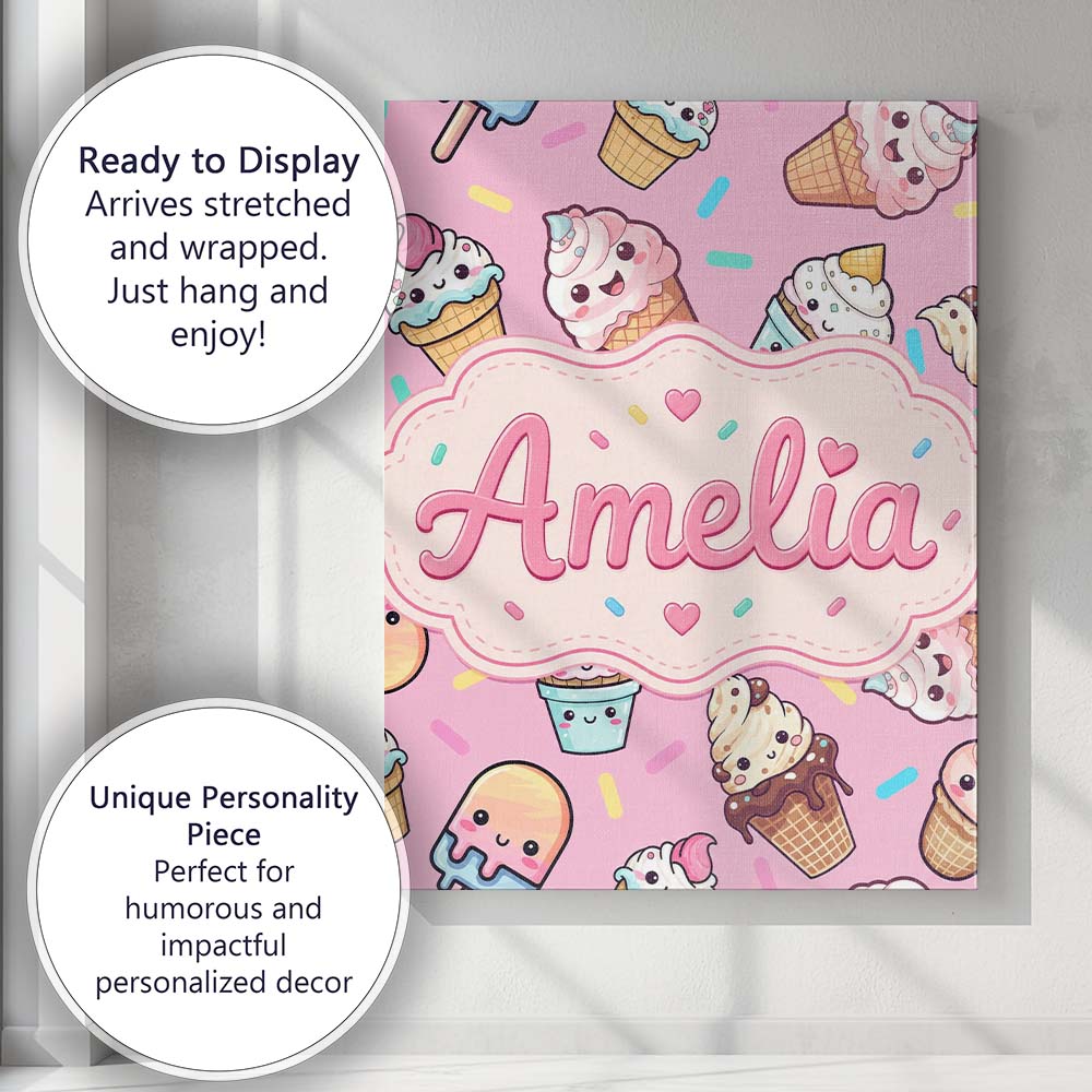Personalised Name Cute Kawaii Ice Cream Custom Modern Room Accent Elegant Feature Canvas Wall Art Print Decor Picture Ready to Hang