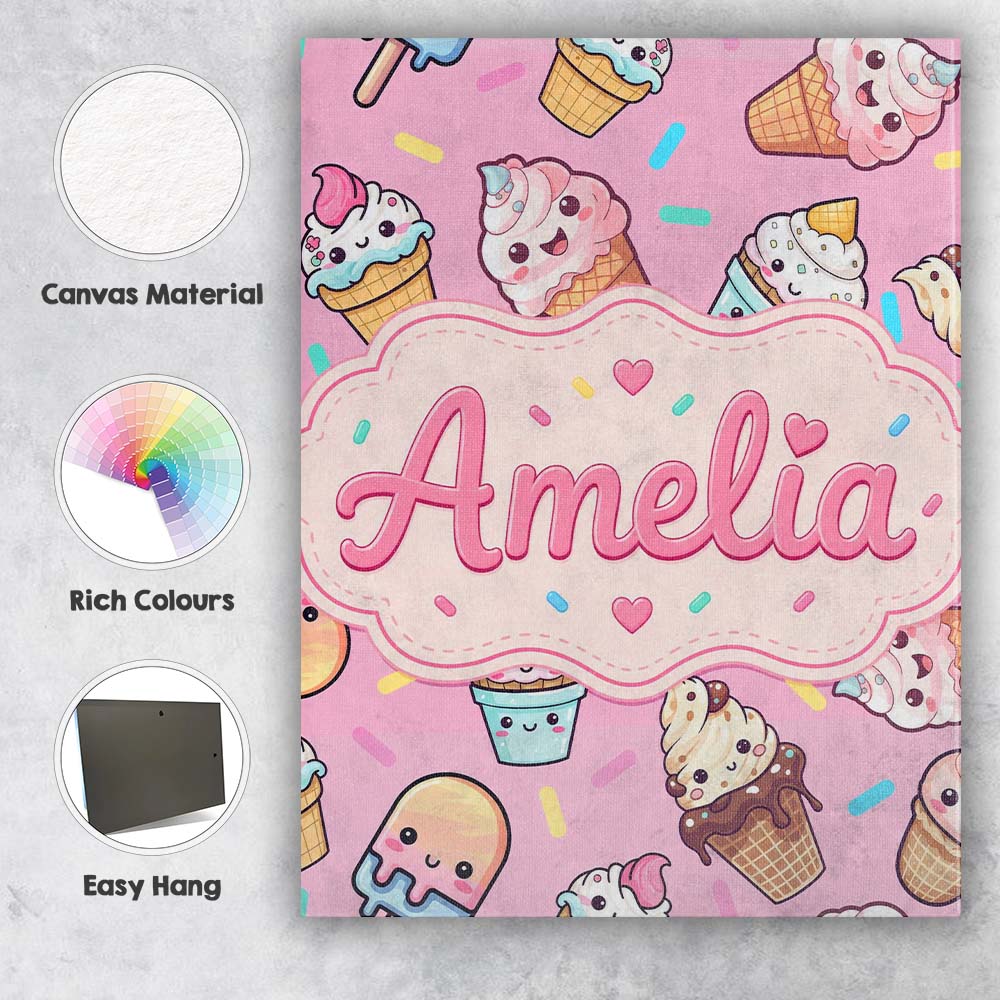 Personalised Name Cute Kawaii Ice Cream Custom Modern Room Accent Elegant Feature Canvas Wall Art Print Decor Picture Ready to Hang