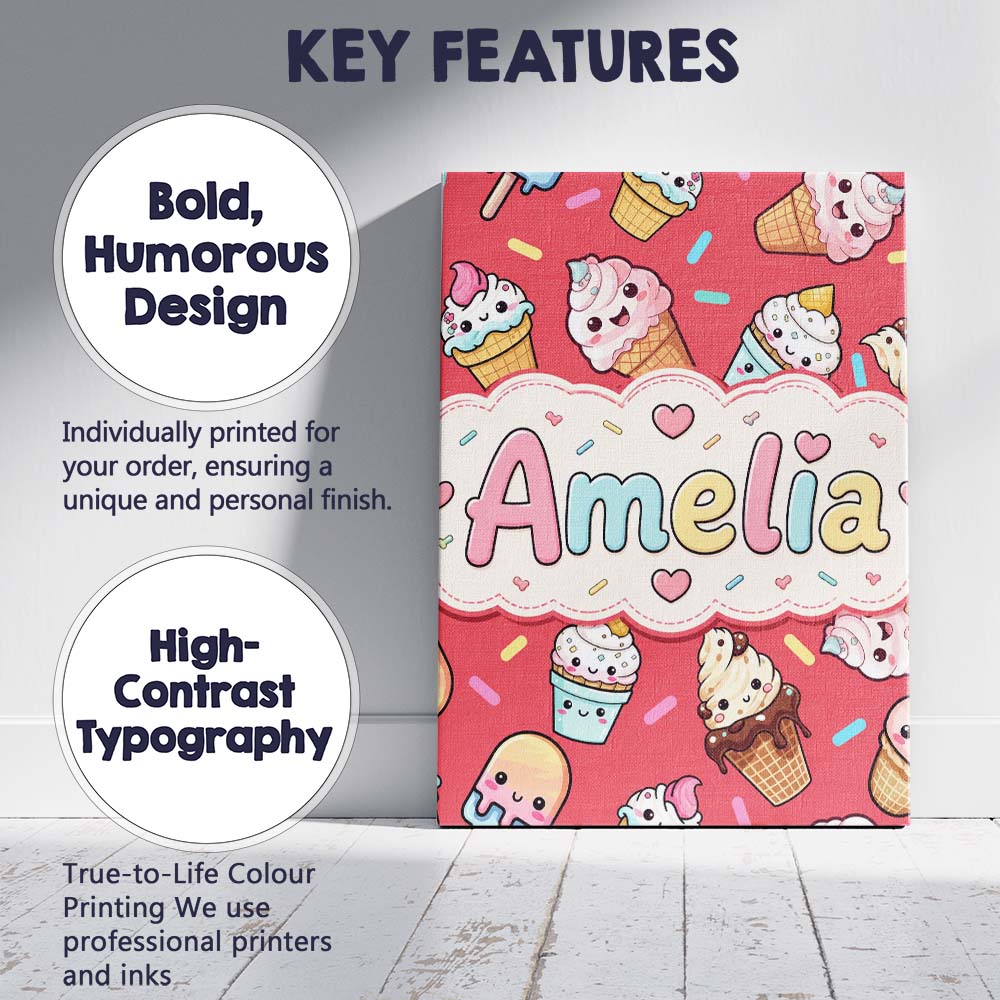 Personalised Name Cute Kawaii Ice Cream Custom Modern Room Accent Elegant Feature Canvas Wall Art Print Decor Picture Ready to Hang
