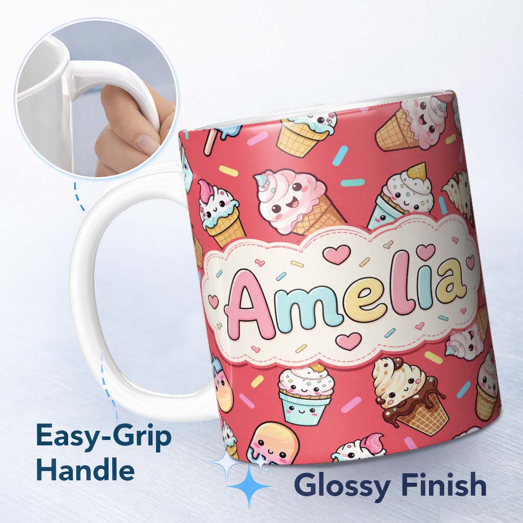 Personalized Custom Name Cute Kawaii Ice Cream Desserts on Red Background Seamless Pattern 11oz Ceramic Coffee Tea Mug White Large Handle