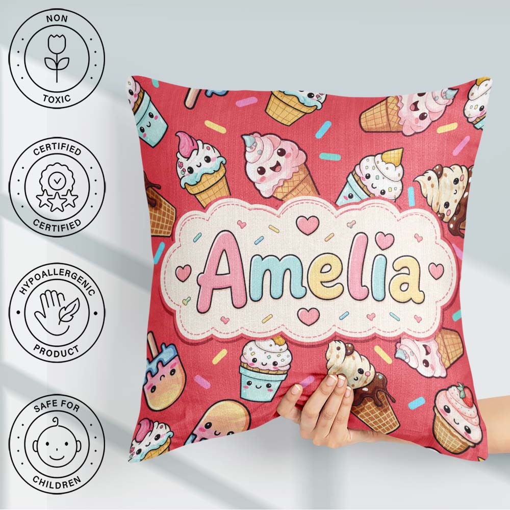 Custom Name Kawaii Ice Cream Desserts on Red Background Seamless Square Filled Cushion Throw Pillow Sofa Bed Home Decor Zip Washable UK Made