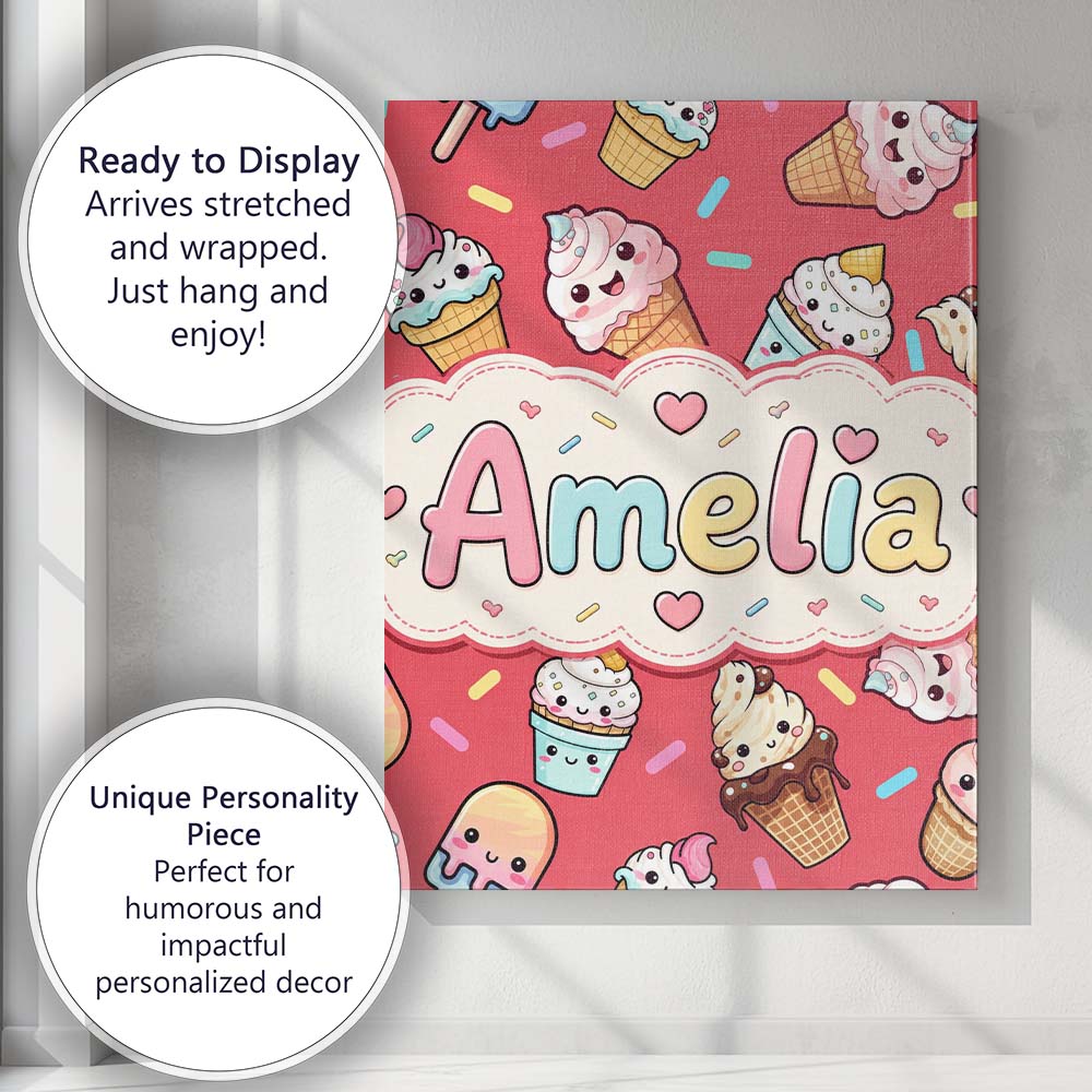 Personalised Name Cute Kawaii Ice Cream Custom Modern Room Accent Elegant Feature Canvas Wall Art Print Decor Picture Ready to Hang