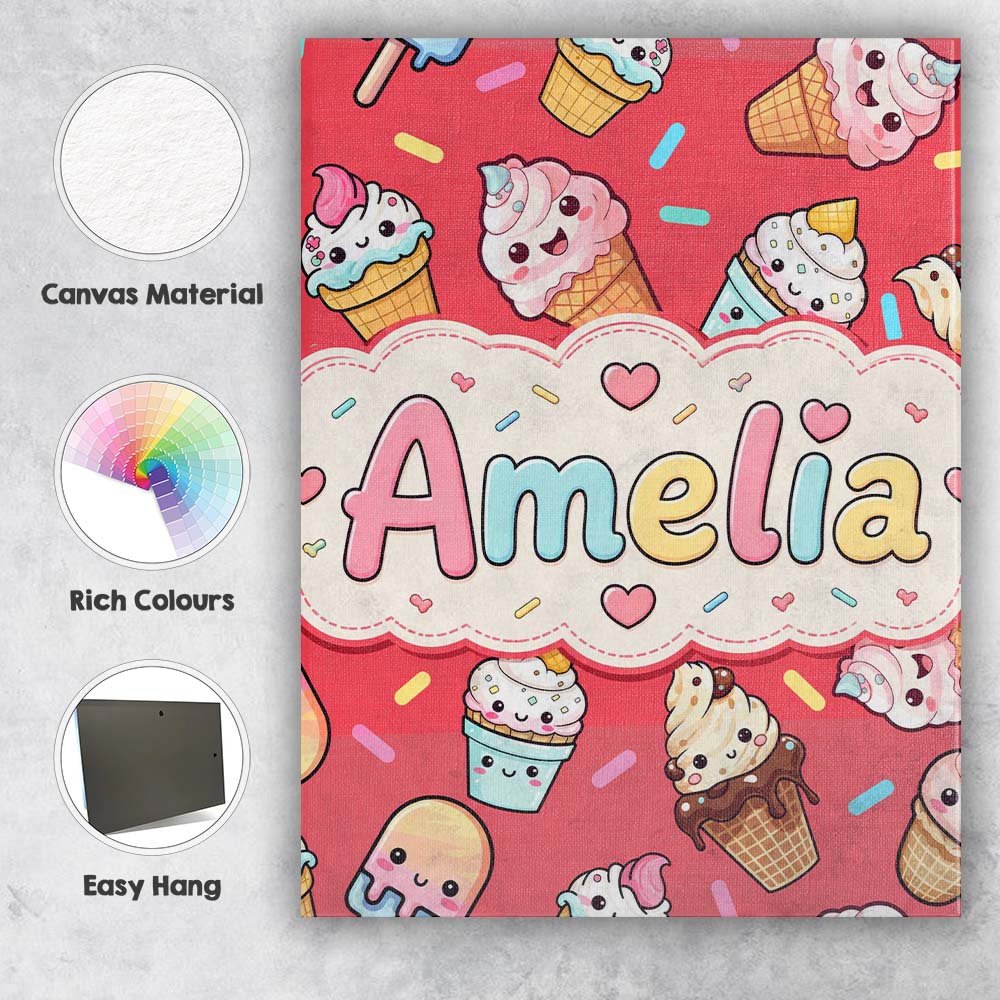 Personalised Name Cute Kawaii Ice Cream Custom Modern Room Accent Elegant Feature Canvas Wall Art Print Decor Picture Ready to Hang