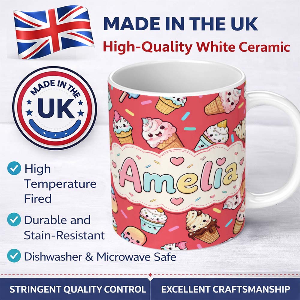 Personalized Custom Name Cute Kawaii Ice Cream Desserts on Red Background Seamless Pattern 11oz Ceramic Coffee Tea Mug White Large Handle