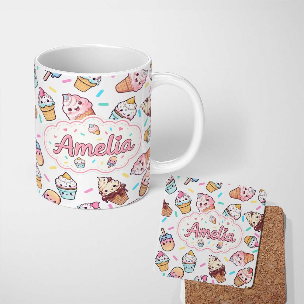 Personalized Custom Name Cute Kawaii Ice Cream Desserts on Grey Background Seamless Pattern 11oz Ceramic Coffee Tea Mug White Large Handle