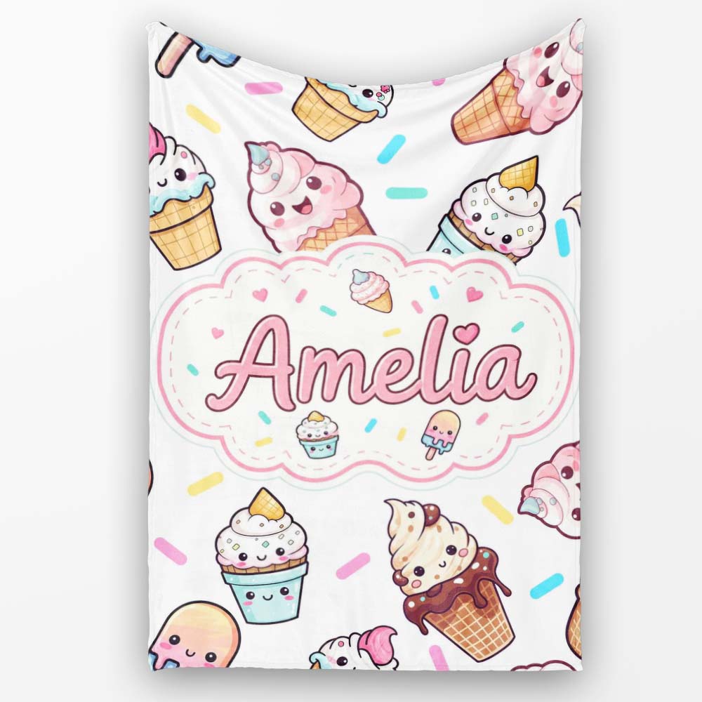 Cute Kawaii Ice Cream Desserts on Grey Background Seamless Pattern Personalised Custom Name Super Soft Fleece Blanket Bed Sofa Throw