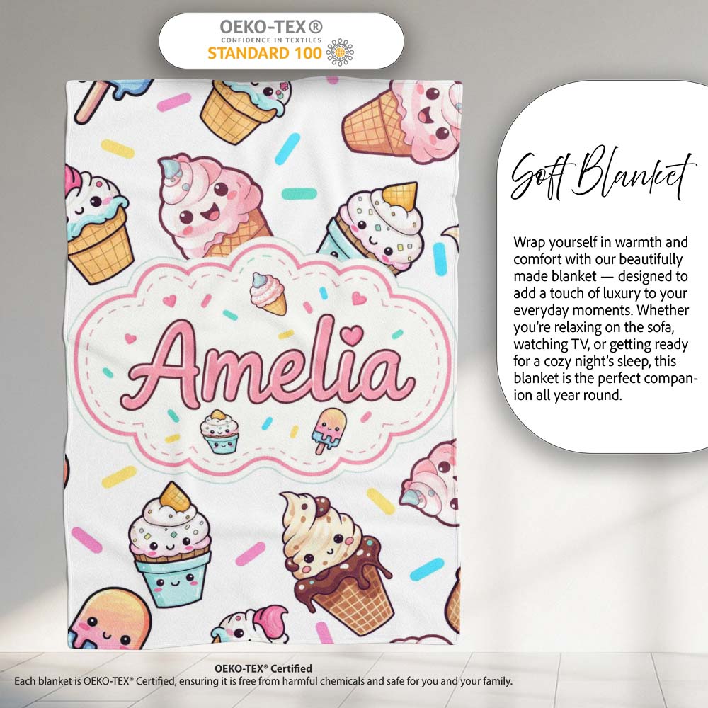 Cute Kawaii Ice Cream Desserts on Grey Background Seamless Pattern Personalised Custom Name Super Soft Fleece Blanket Bed Sofa Throw