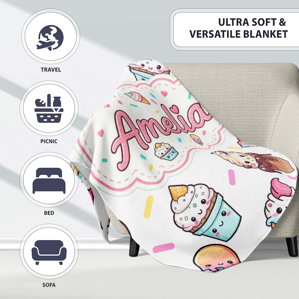 Cute Kawaii Ice Cream Desserts on Grey Background Seamless Pattern Personalised Custom Name Super Soft Fleece Blanket Bed Sofa Throw
