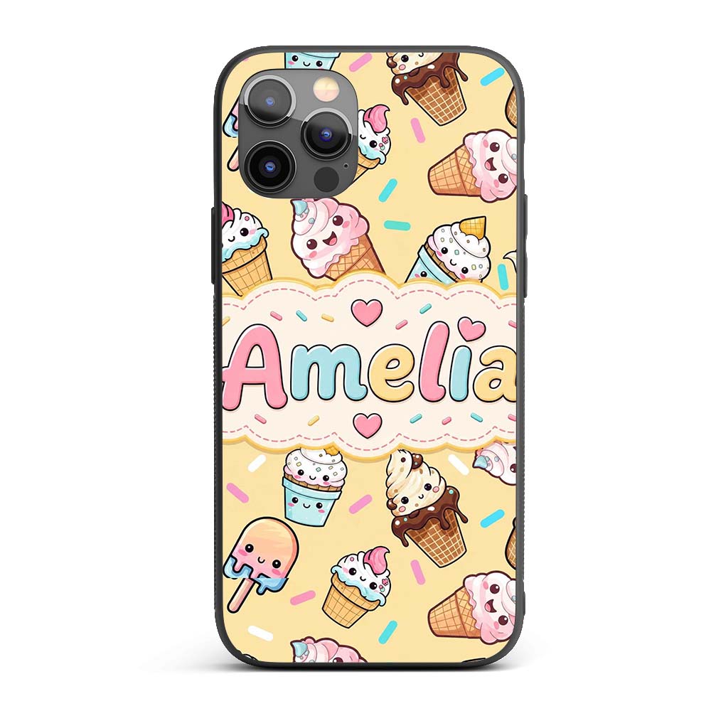 Cute Kawaii Ice Cream Desserts on Printed Design Custom Name Protective Phone Case Mobile Cover Durable Everyday Smartphone Shock Resistant