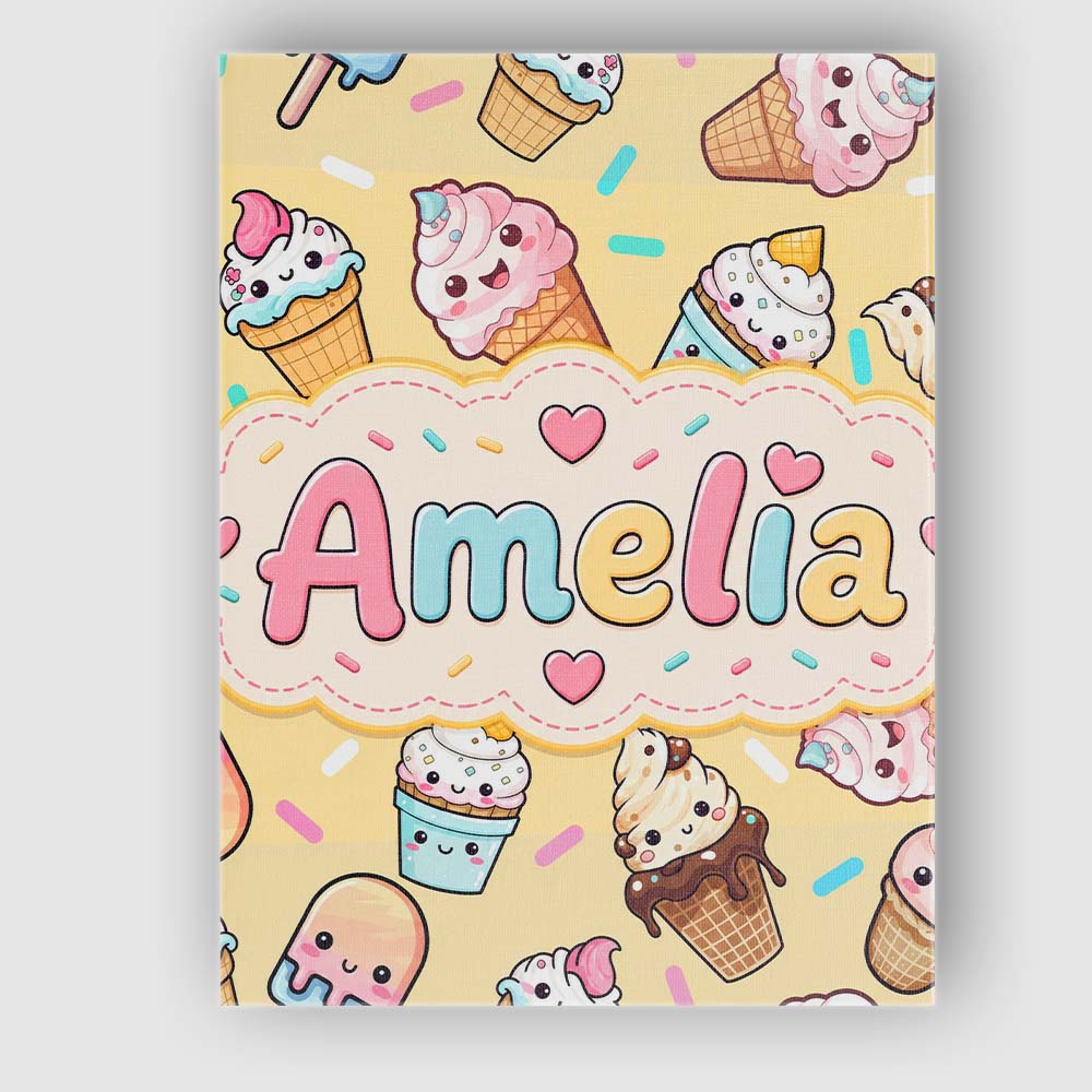 Personalised Name Cute Kawaii Ice Cream Custom Modern Room Accent Elegant Feature Canvas Wall Art Print Decor Picture Ready to Hang