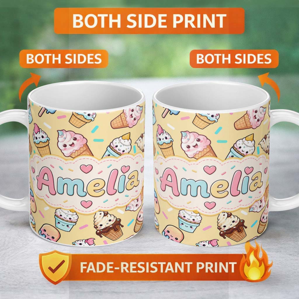 Personalized Custom Name Cute Kawaii Ice Cream Desserts on Yellow Background Seamless 11oz Ceramic Coffee Tea Mug White Large Handle