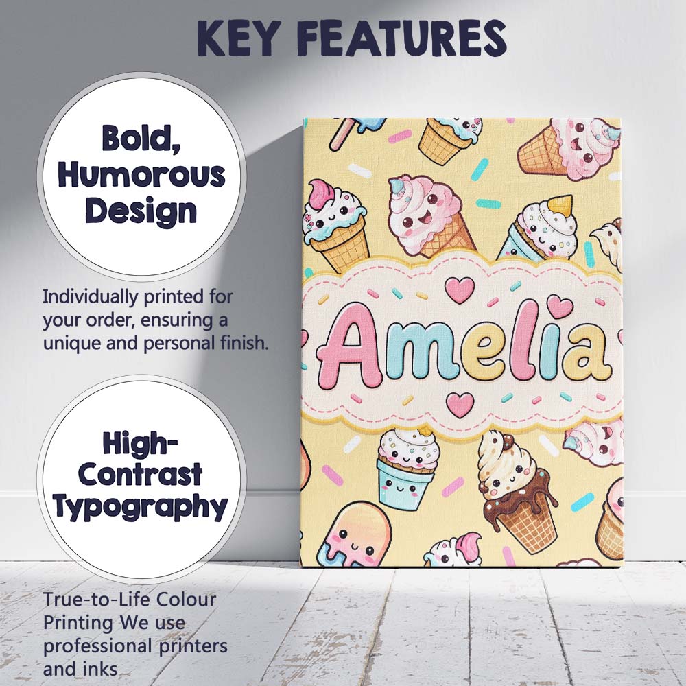 Personalised Name Cute Kawaii Ice Cream Custom Modern Room Accent Elegant Feature Canvas Wall Art Print Decor Picture Ready to Hang