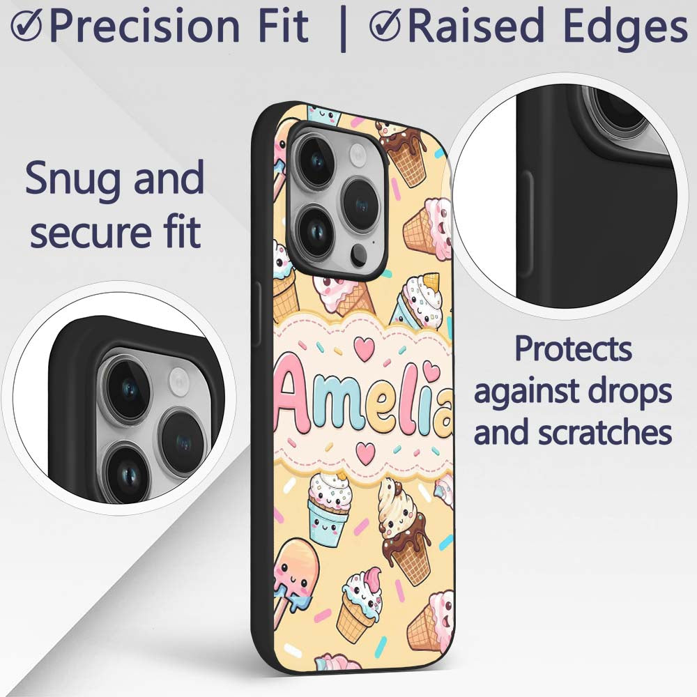 Cute Kawaii Ice Cream Desserts on Printed Design Custom Name Protective Phone Case Mobile Cover Durable Everyday Smartphone Shock Resistant