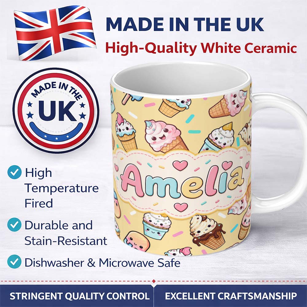 Personalized Custom Name Cute Kawaii Ice Cream Desserts on Yellow Background Seamless 11oz Ceramic Coffee Tea Mug White Large Handle