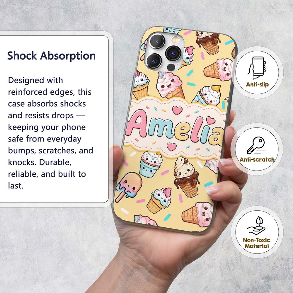 Cute Kawaii Ice Cream Desserts on Printed Design Custom Name Protective Phone Case Mobile Cover Durable Everyday Smartphone Shock Resistant