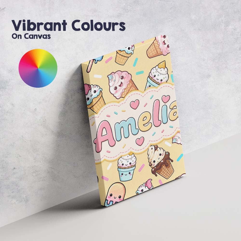 Personalised Name Cute Kawaii Ice Cream Custom Modern Room Accent Elegant Feature Canvas Wall Art Print Decor Picture Ready to Hang