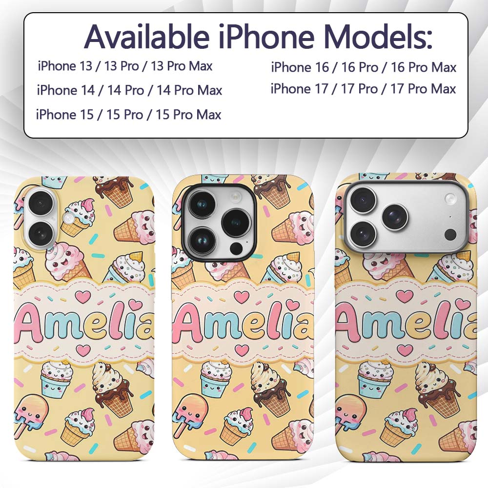 Cute Kawaii Ice Cream Desserts on Printed Design Custom Name Protective Phone Case Mobile Cover Durable Everyday Smartphone Shock Resistant