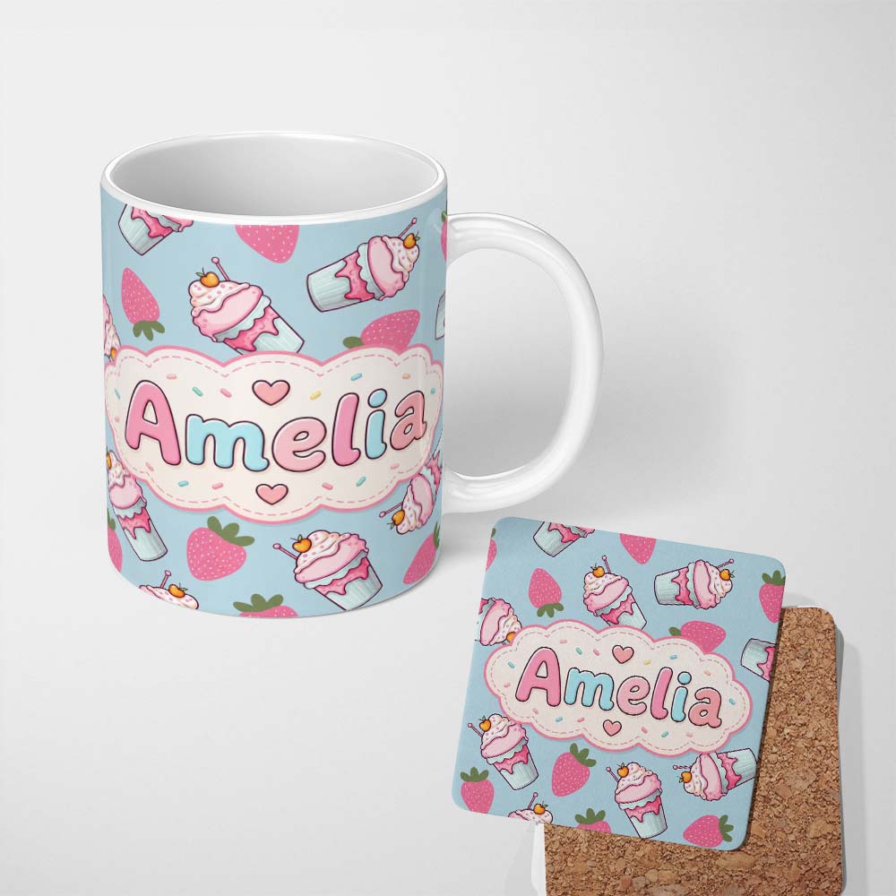Personalized Custom Name Cute Strawberry Cupcakes with Pink Frosting Blue Background 11oz Ceramic Coffee Tea Mug White Large Handle